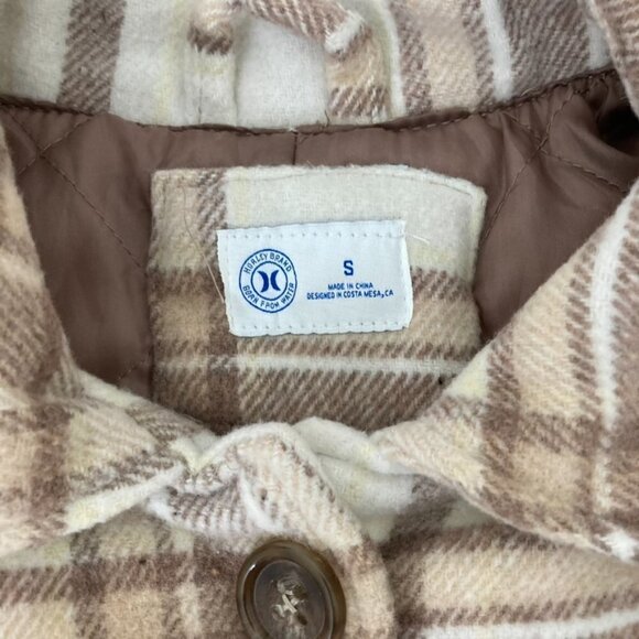 Hurley Cream & Brown Plaid Flannel Shacket Jacket Fall Neutral Pocket Size Small - Picture 7 of 12